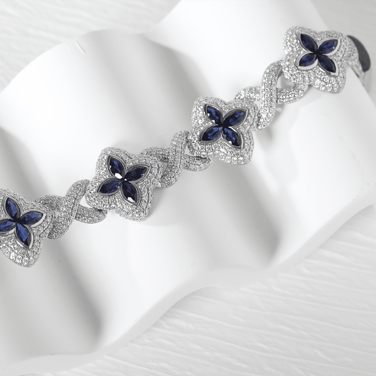 Round Lab Diamond Bracelet with Pear - Shaped Lab Sapphire — Art Nouveau "Eternal Fleur" Blue Design - MMR