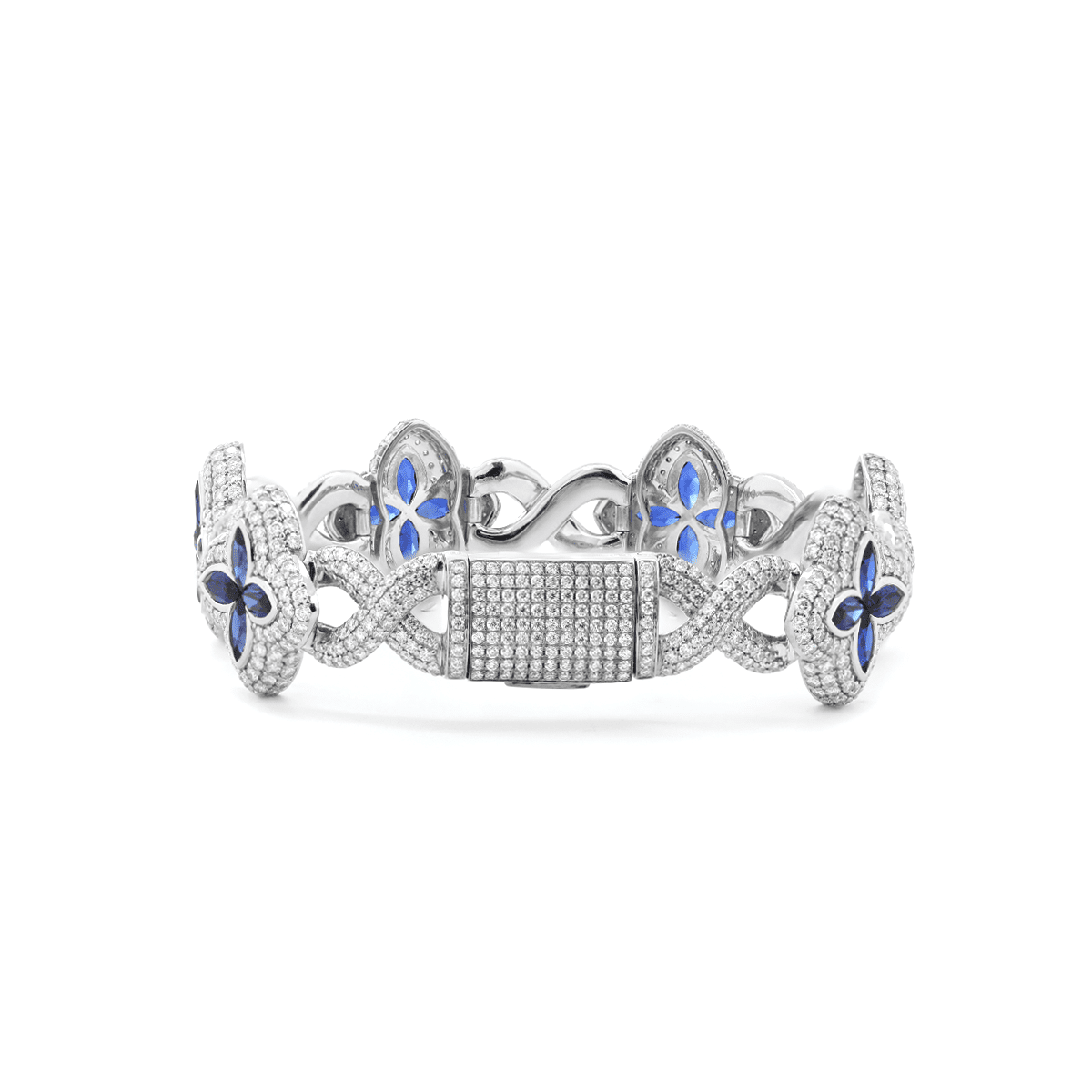 Round Lab Diamond Bracelet with Pear - Shaped Lab Sapphire — Art Nouveau "Eternal Fleur" Blue Design - MMR