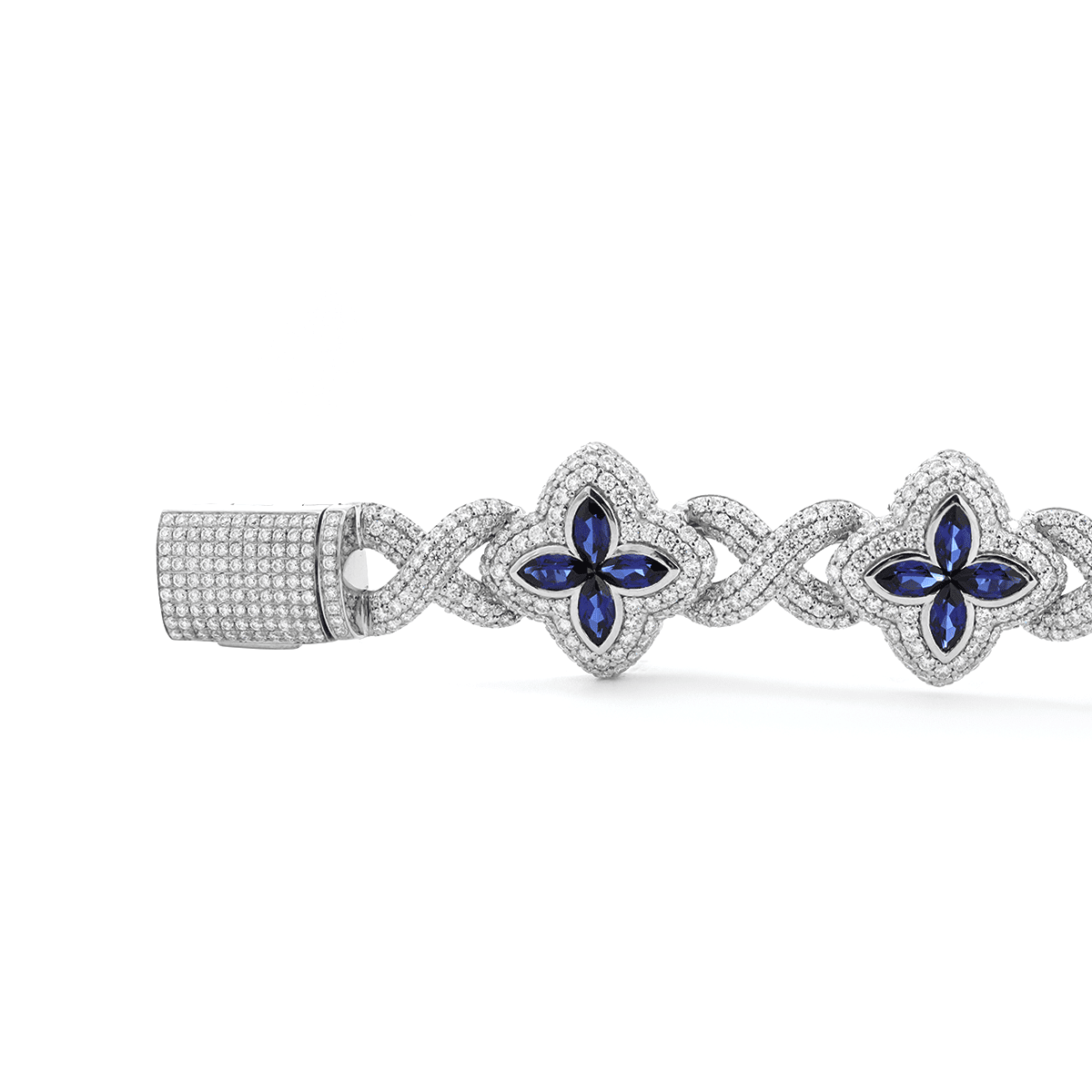Round Lab Diamond Bracelet with Pear - Shaped Lab Sapphire — Art Nouveau "Eternal Fleur" Blue Design - MMR