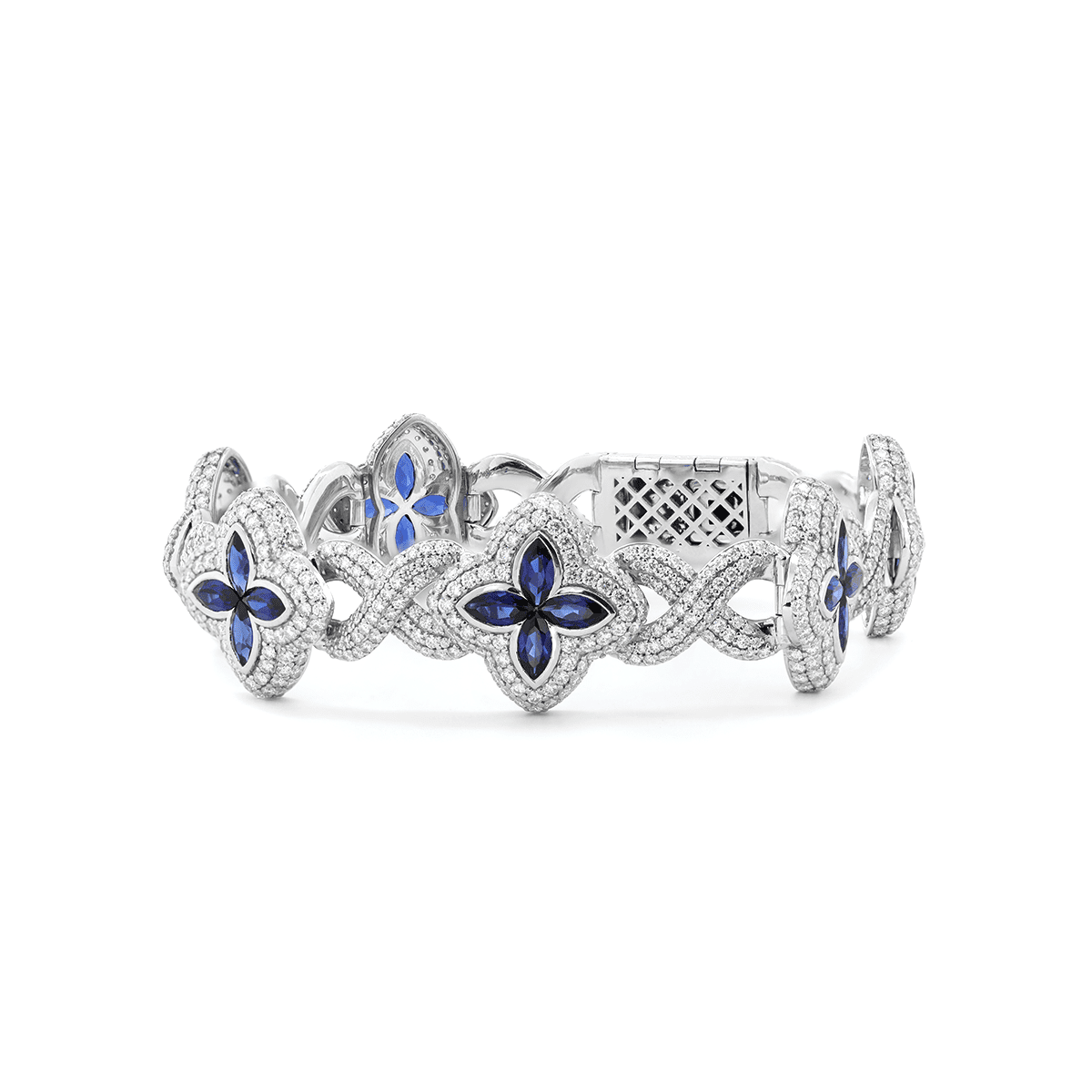 Round Lab Diamond Bracelet with Pear - Shaped Lab Sapphire — Art Nouveau "Eternal Fleur" Blue Design - MMR