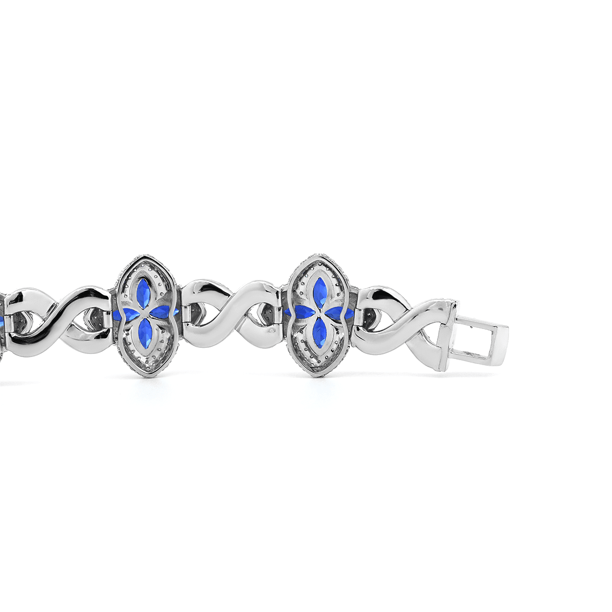 Round Lab Diamond Bracelet with Pear - Shaped Lab Sapphire — Art Nouveau "Eternal Fleur" Blue Design - MMR