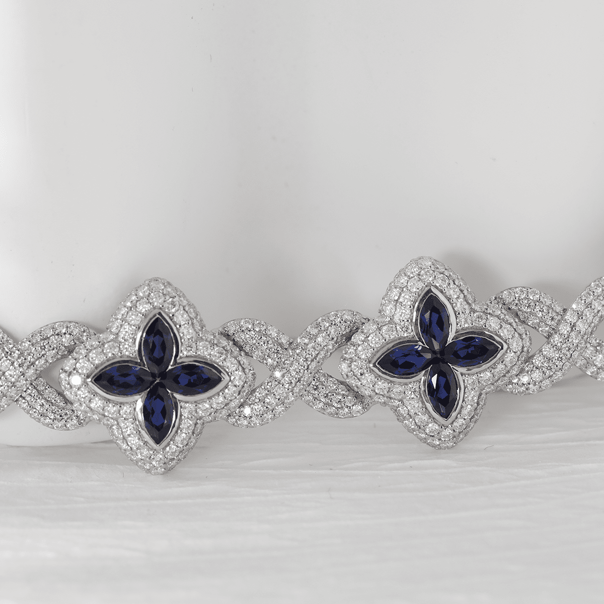 Round Lab Diamond Bracelet with Pear - Shaped Lab Sapphire — Art Nouveau "Eternal Fleur" Blue Design - MMR