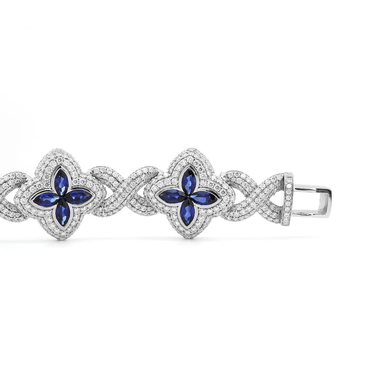 Round Lab Diamond Bracelet with Pear - Shaped Lab Sapphire — Art Nouveau "Eternal Fleur" Blue Design - MMR