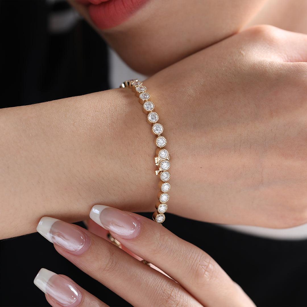 Round Lab Diamond Millegrain Bezel - Set Tennis Bracelet with Box Clasp - MMR