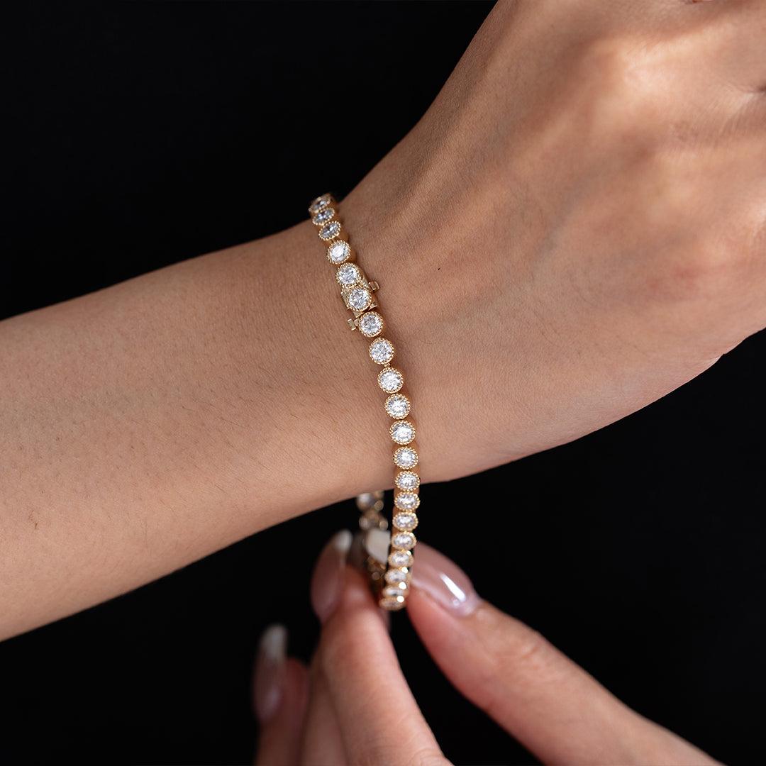Round Lab Diamond Millegrain Bezel - Set Tennis Bracelet with Box Clasp - MMR