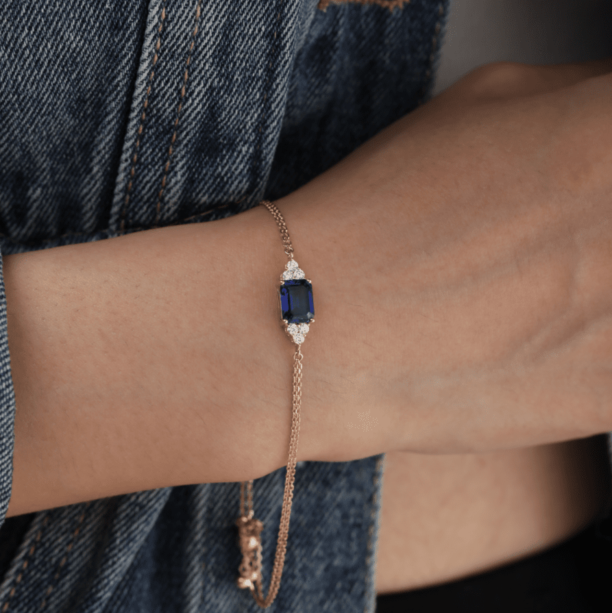 Royal Blue Lab Sapphire Chain Bracelet with Round Lab Diamond Side Stones - MMR