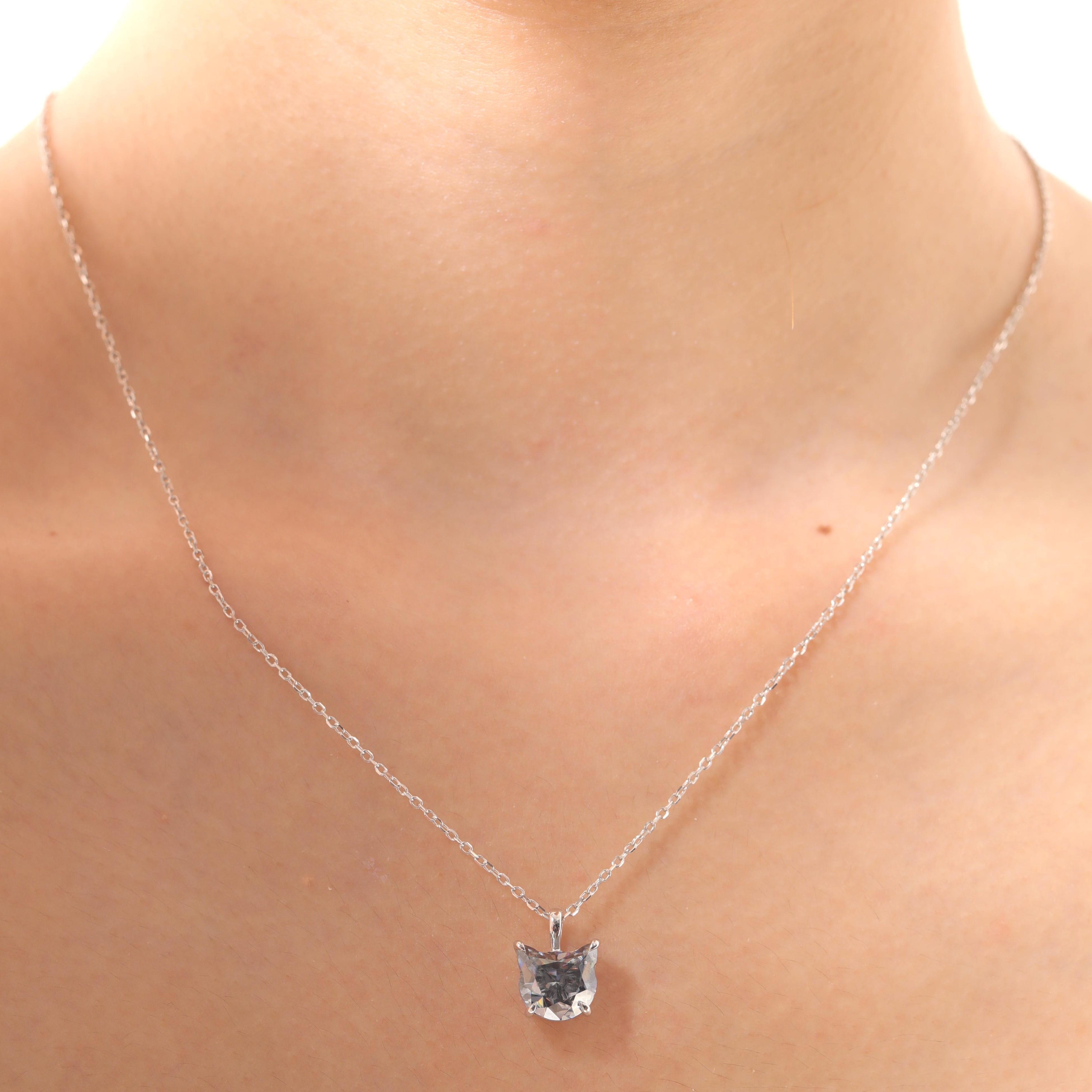 S925 2.92ct Cat Shape Grey Moissanite Pendant Necklace with 16+2 Inches Adjustable Chain - MMR