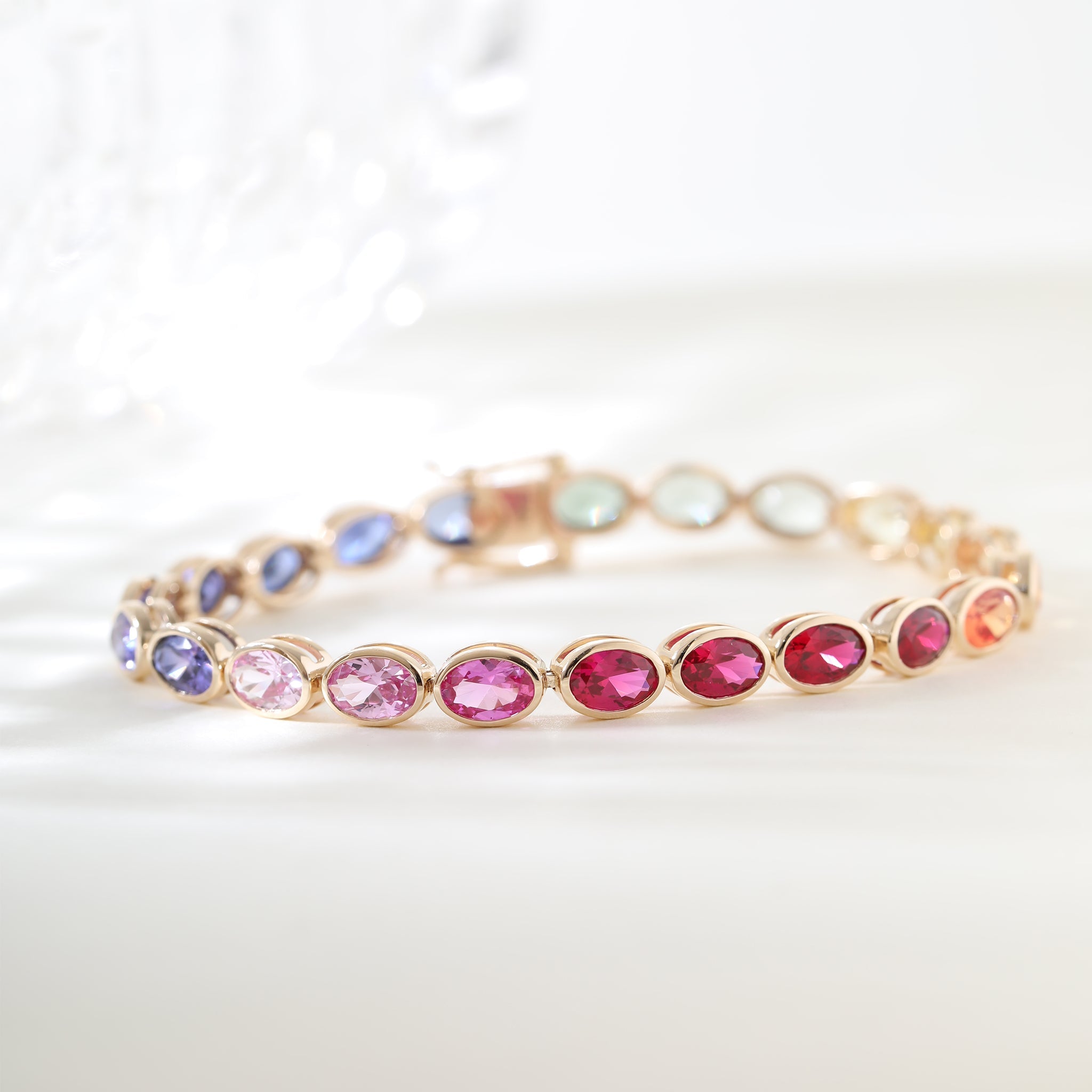 Special Offer: 10K Yellow Gold 6*4mm Brilliant Cut Rainbow Color Lab Sapphire Bezel Tennis Bracelet (6.25") - MMR
