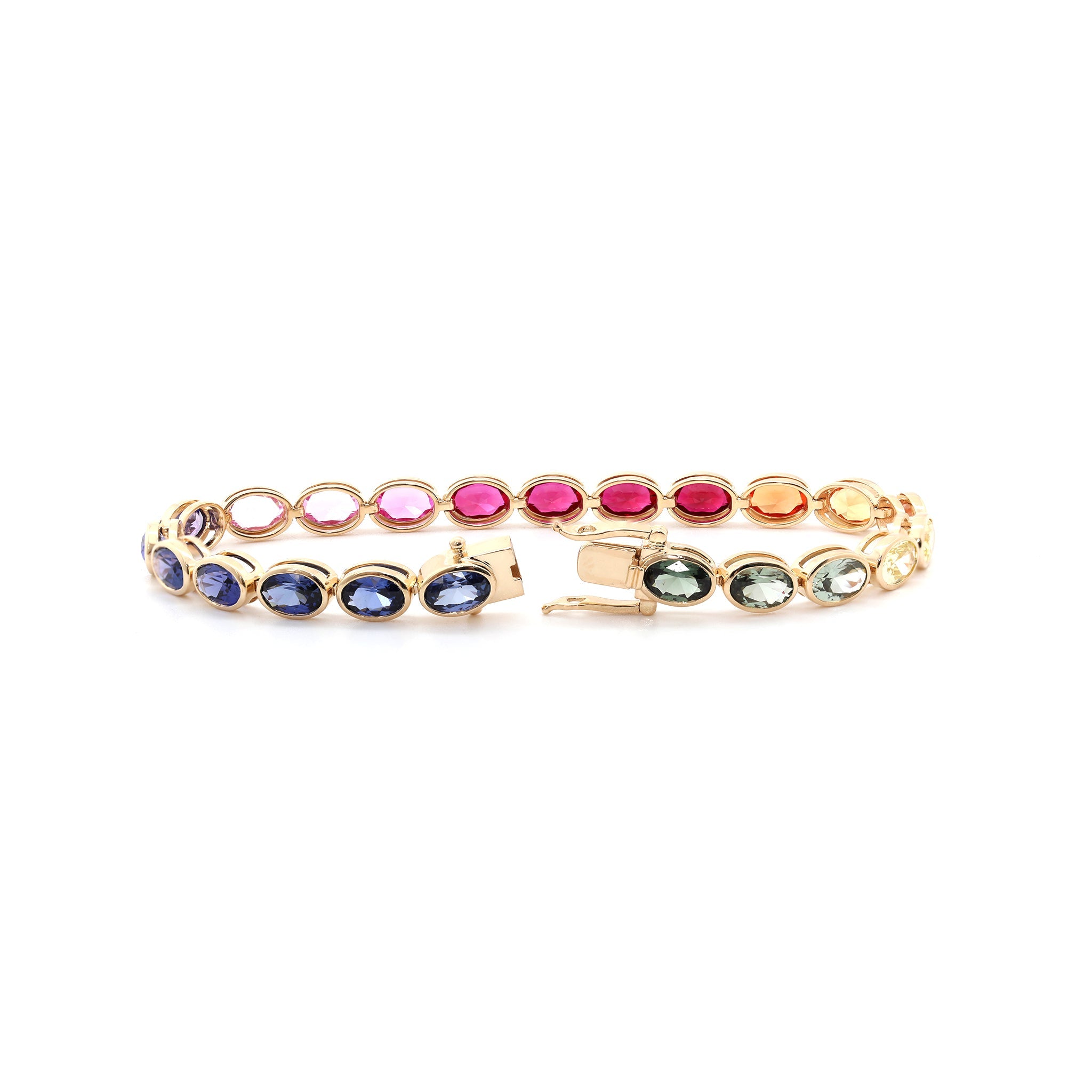 Special Offer: 10K Yellow Gold 6*4mm Brilliant Cut Rainbow Color Lab Sapphire Bezel Tennis Bracelet (6.25") - MMR