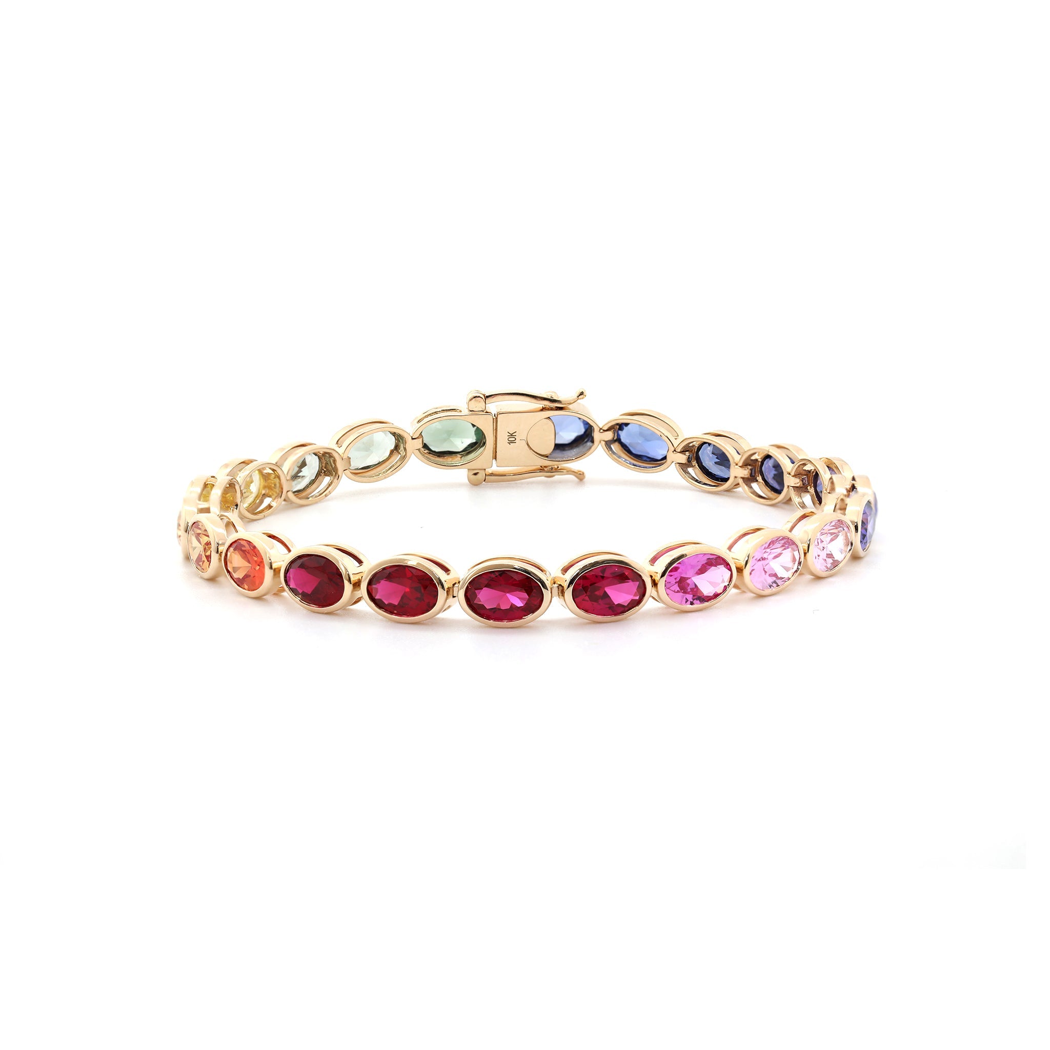 Special Offer: 10K Yellow Gold 6*4mm Brilliant Cut Rainbow Color Lab Sapphire Bezel Tennis Bracelet (6.25") - MMR