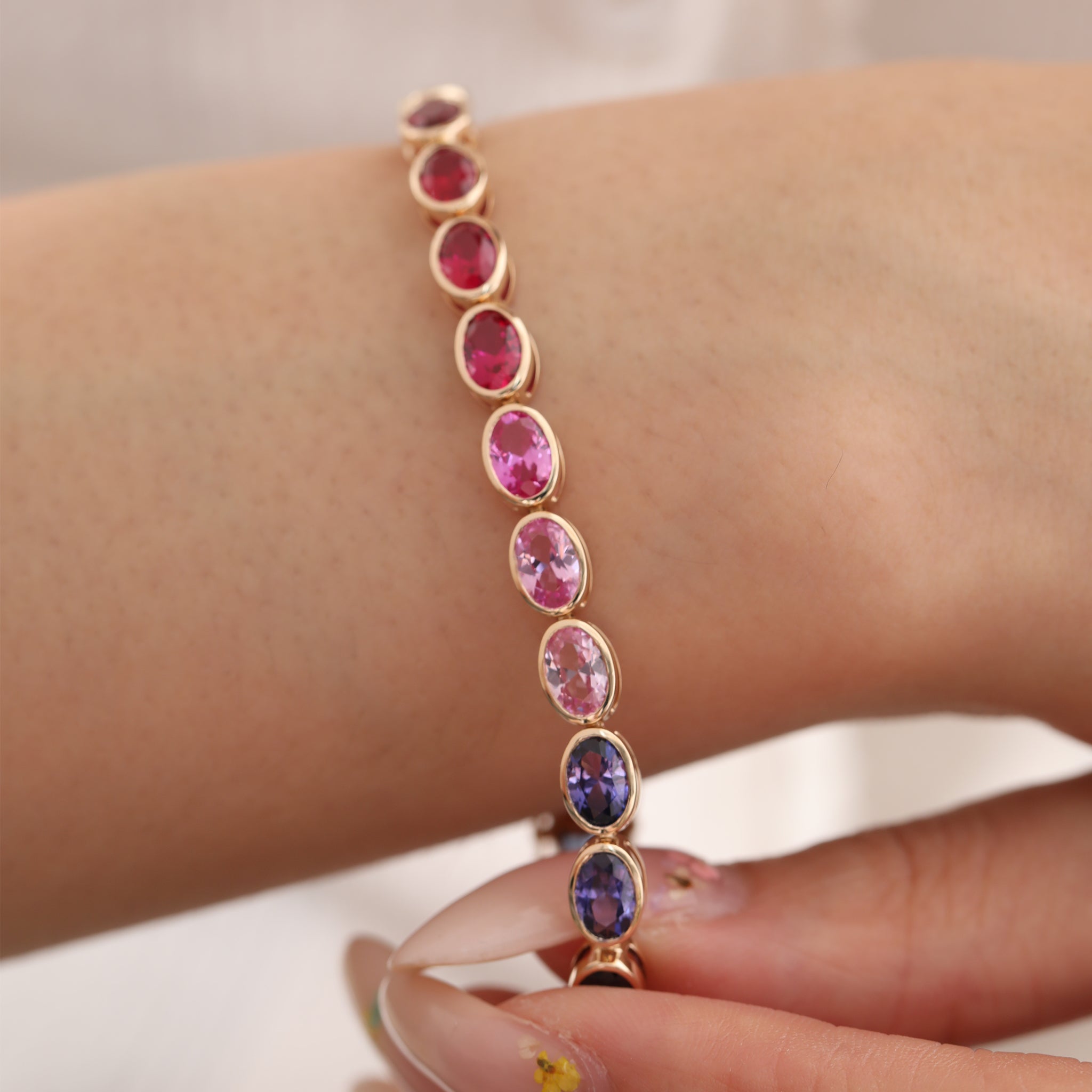 Special Offer: 10K Yellow Gold 6*4mm Brilliant Cut Rainbow Color Lab Sapphire Bezel Tennis Bracelet (6.25") - MMR