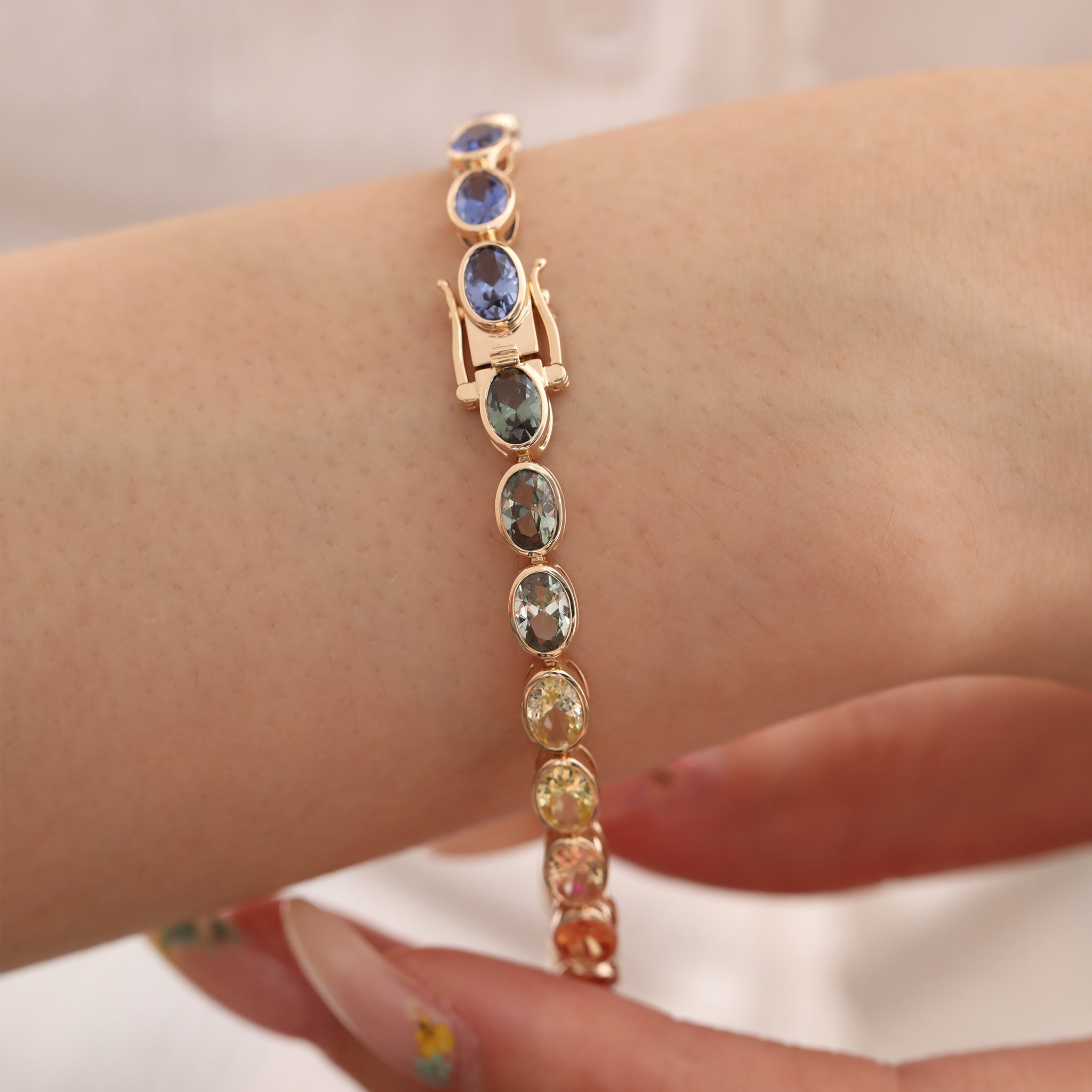 Special Offer: 10K Yellow Gold 6*4mm Brilliant Cut Rainbow Color Lab Sapphire Bezel Tennis Bracelet (6.25") - MMR